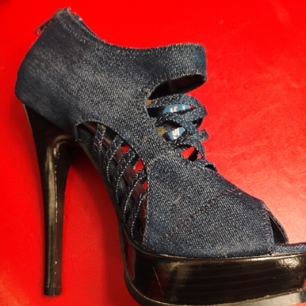 Shiekh Denim Lace-Up Peep-Toe Heels